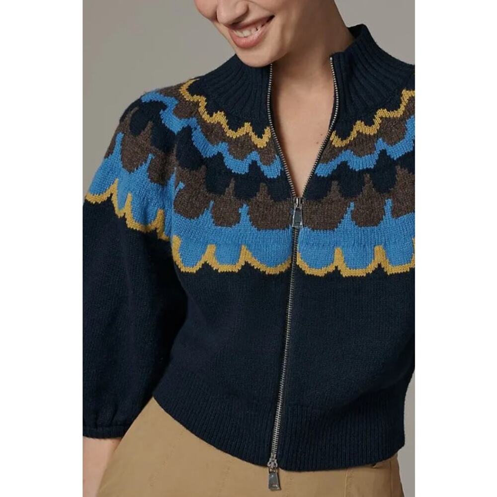NWT Aligne Nelly Navy Multi Knit Zip-Up Short Sleeve Sweater Top Womens Small